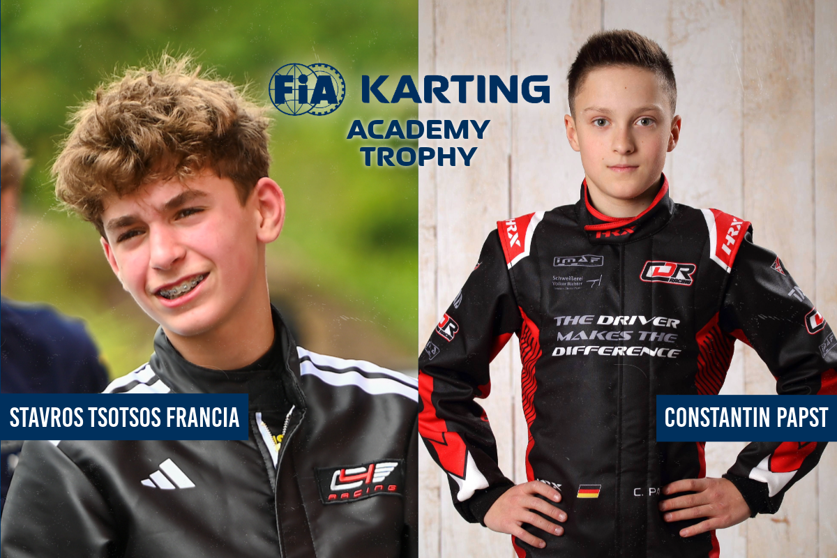FIA Karting Academy Trophy 2026 - 2 Fahrer für Deutschland DMSB-Nominierung für die FIA Karting Academy Trophy 2026: Links Stavros Tsotsos Francia (13, Junior-Klasse), rechts Constantin Papst (14, Senior-Klasse). Im Zentrum dunkelblaues FIA-Karting-Academy-Trophy-Logo.